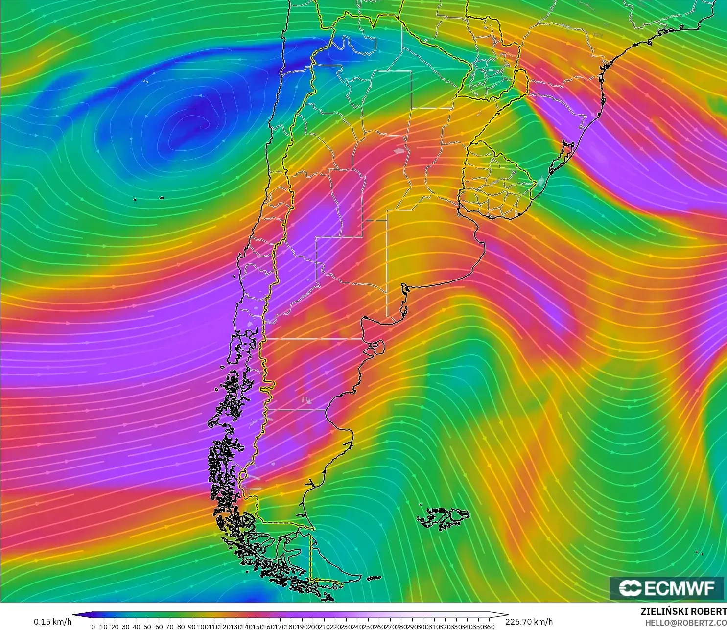 ECMWF IFS 0,25° modelo - Argentina, Vento a 300 hPa (corrente em jato)