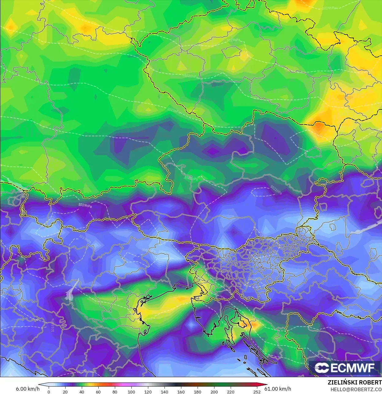 ECMWF IFS 0,25° modelo - Áustria, Rajadas de Vento Máximas