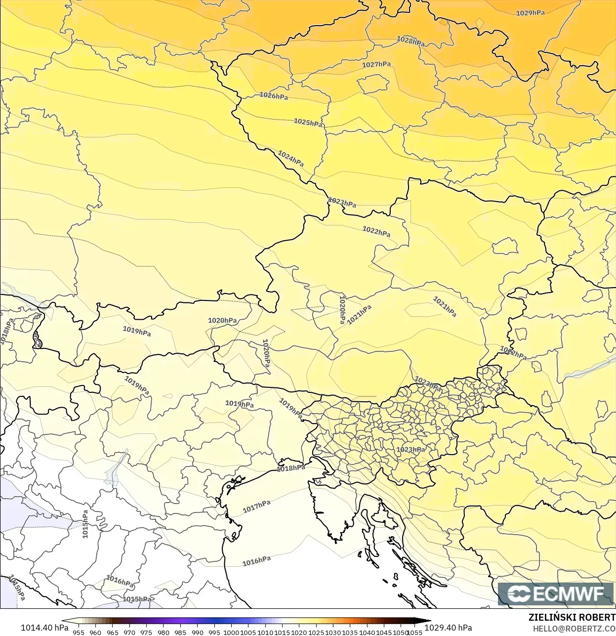ECMWF IFS 0,25° modelo - Áustria, Pressão