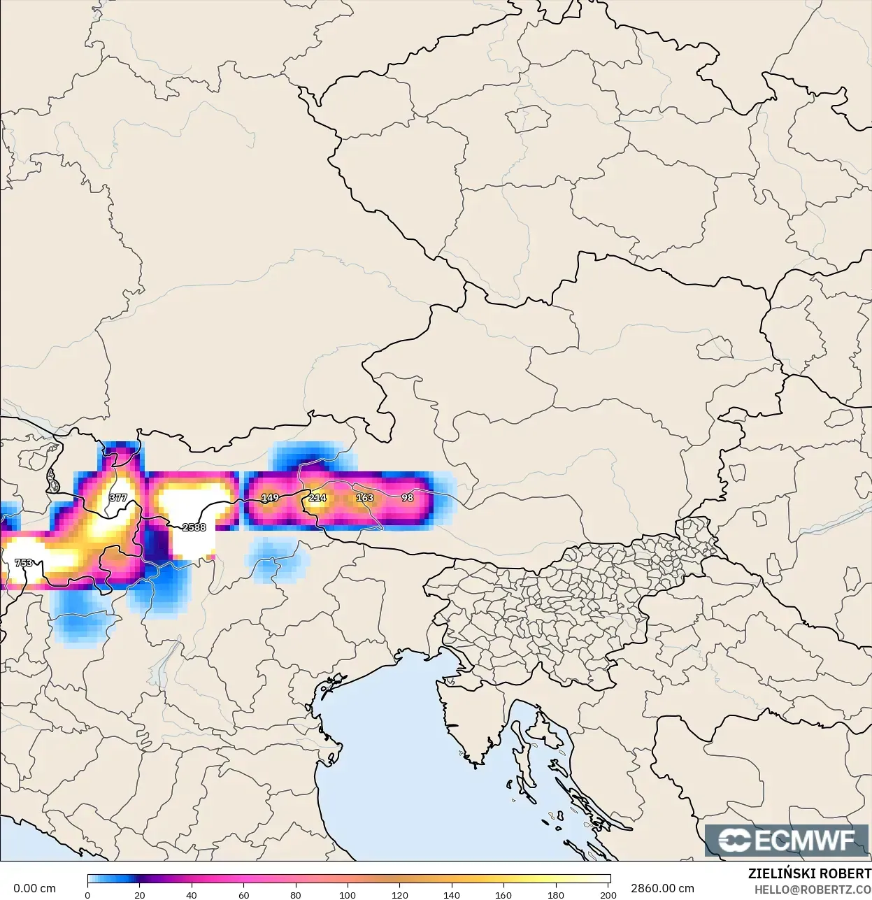 ECMWF IFS 0,25° modelo - Áustria, Profundidade da neve