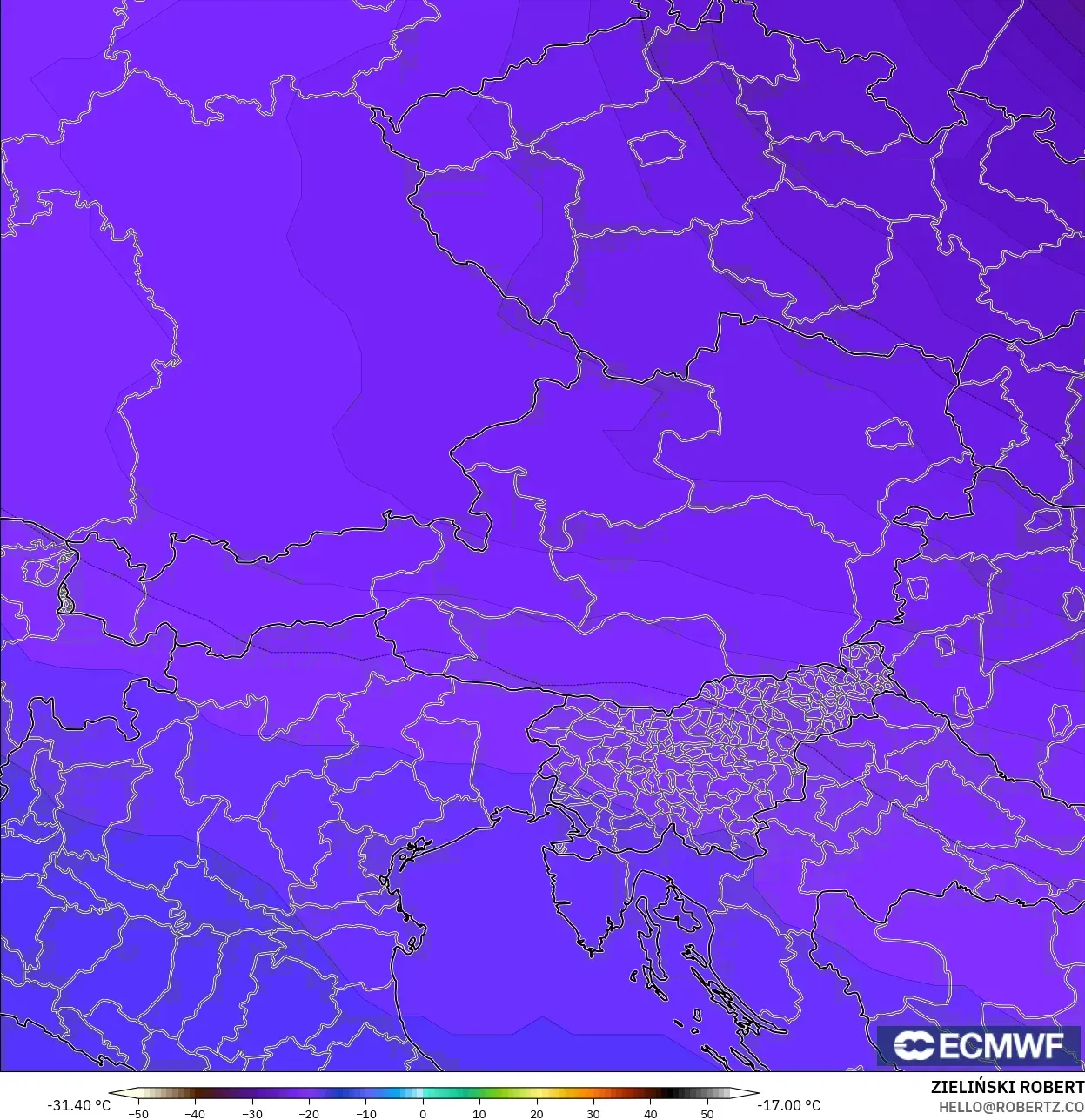 ECMWF IFS 0,25° modelo - Áustria, Temperatura a 500 hPa