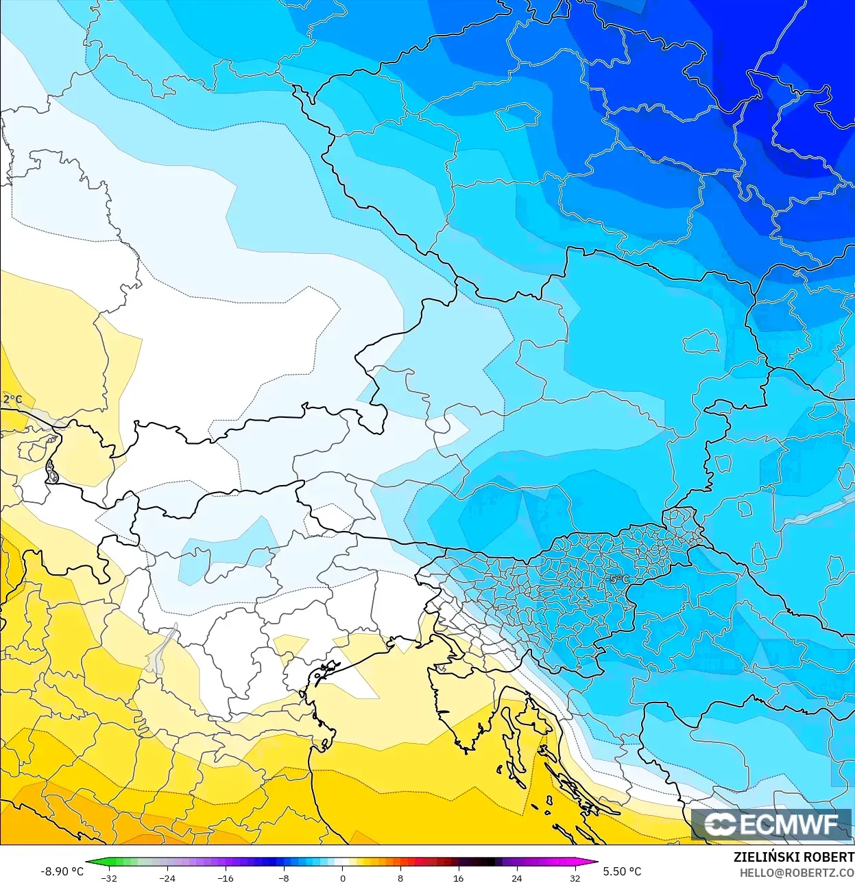 ECMWF IFS 0,25° modelo - Áustria, Anomalia de temperatura a 850 hPa
