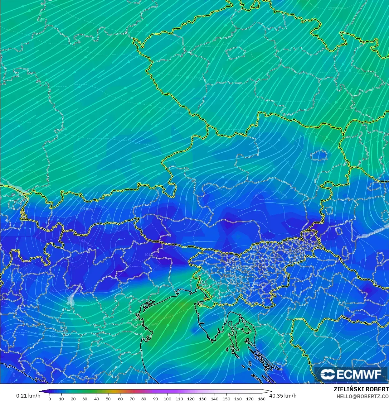 ECMWF IFS 0,25° modelo - Áustria, Vento a 10 m