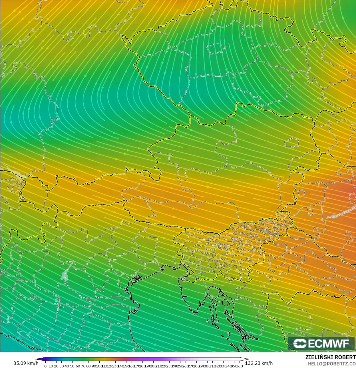 ECMWF IFS 0,25° modelo - Áustria, Vento a 300 hPa (corrente em jato)