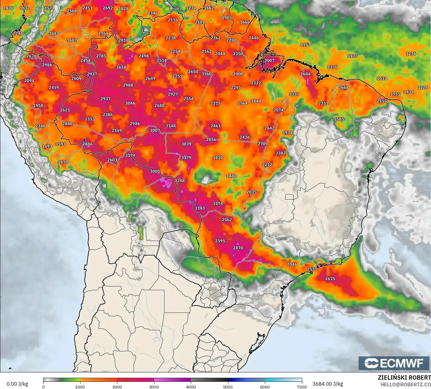 ECMWF IFS 0,25° modelo - Brasil, CAPE