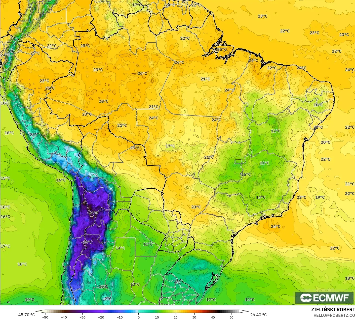 ECMWF IFS 0,25° modelo - Brasil, Ponto de orvalho a 2 m