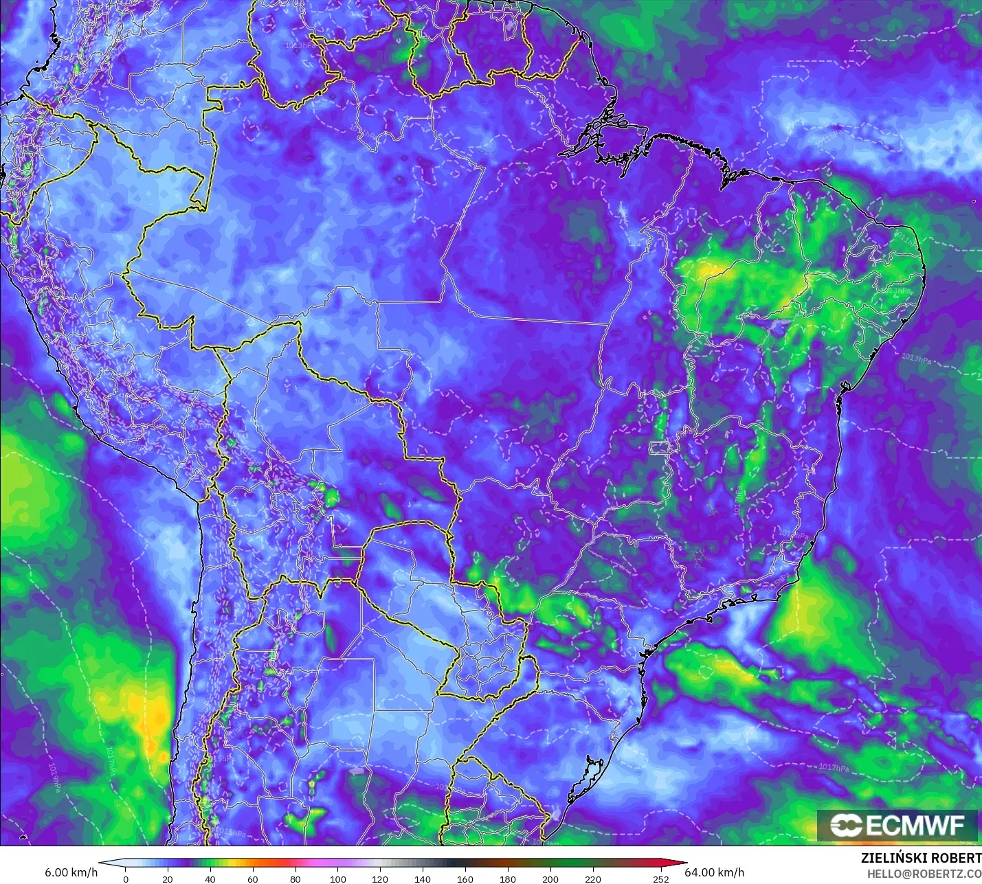 ECMWF IFS 0,25° modelo - Brasil, Rajadas de vento