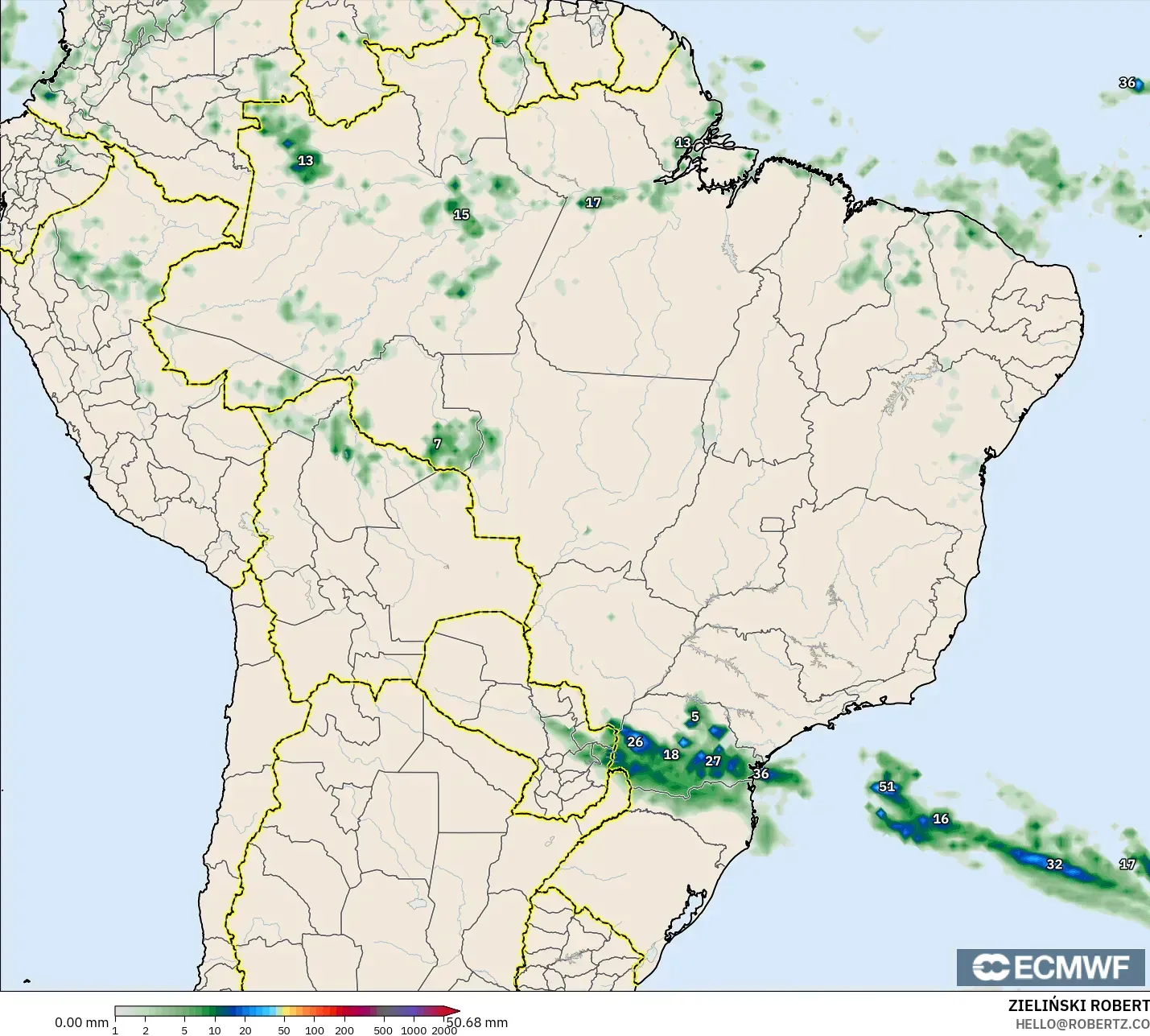 ECMWF IFS 0,25° modelo - Brasil, Acúmulo de precipitação