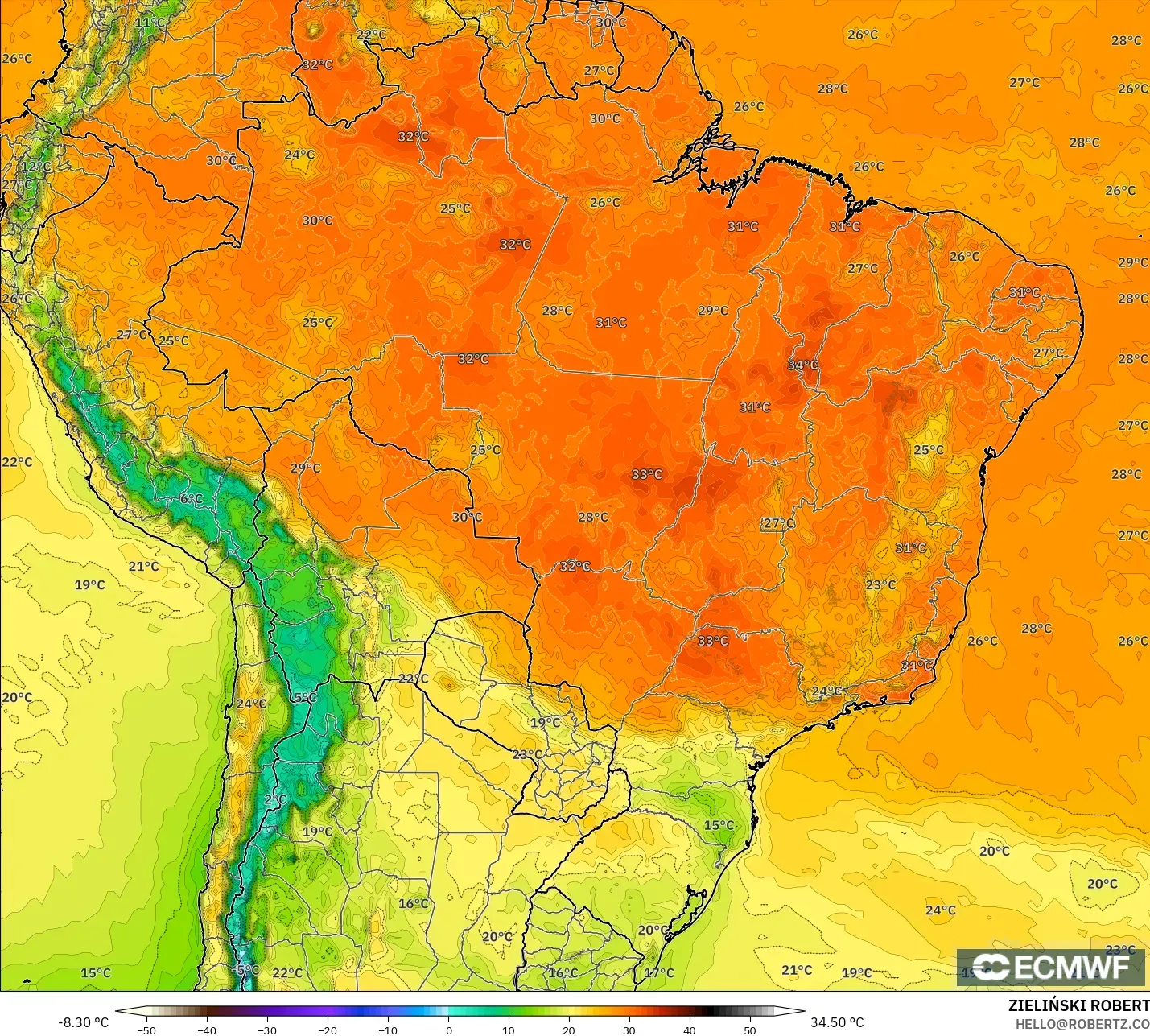 ECMWF IFS 0,25° modelo - Brasil, Temperatura a 2 m