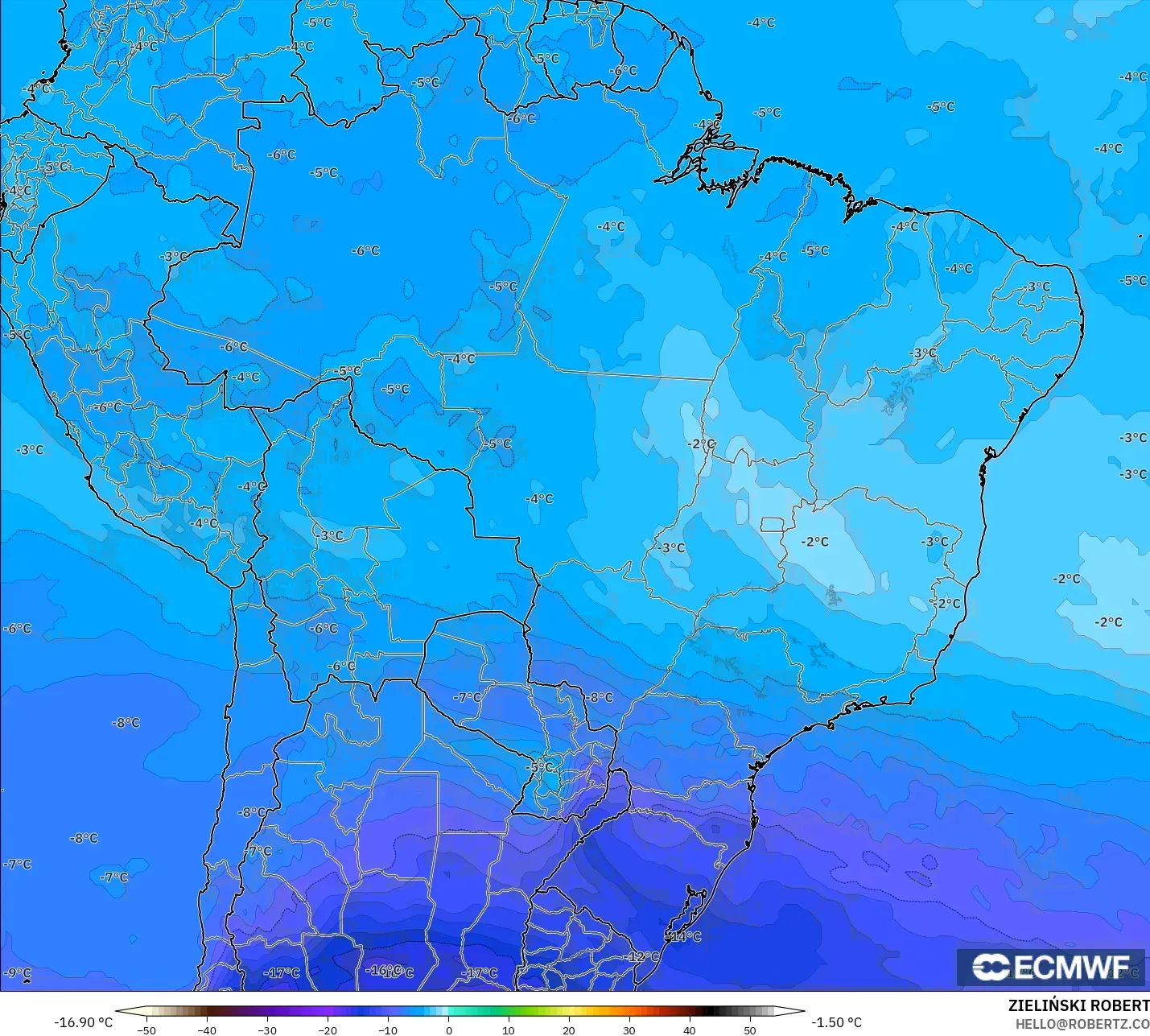 ECMWF IFS 0,25° modelo - Brasil, Temperatura a 500 hPa