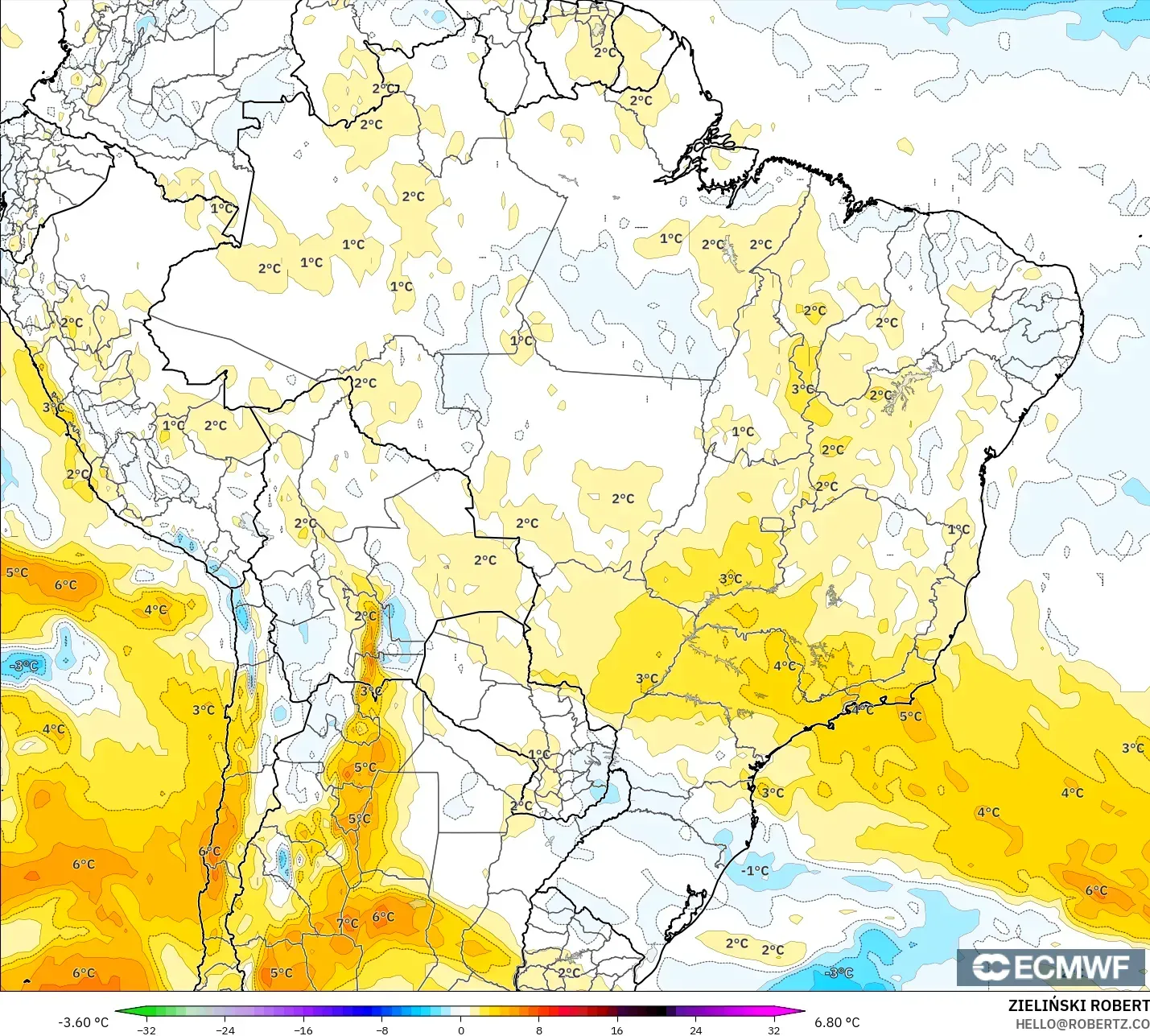 ECMWF IFS 0,25° modelo - Brasil, Anomalia de temperatura a 850 hPa
