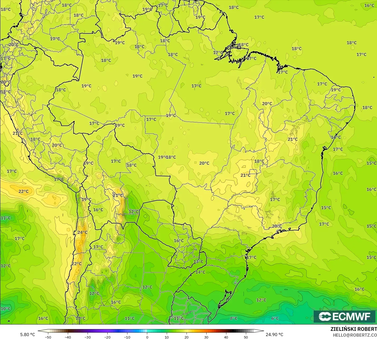 ECMWF IFS 0,25° modelo - Brasil, Temperatura a 850 hPa
