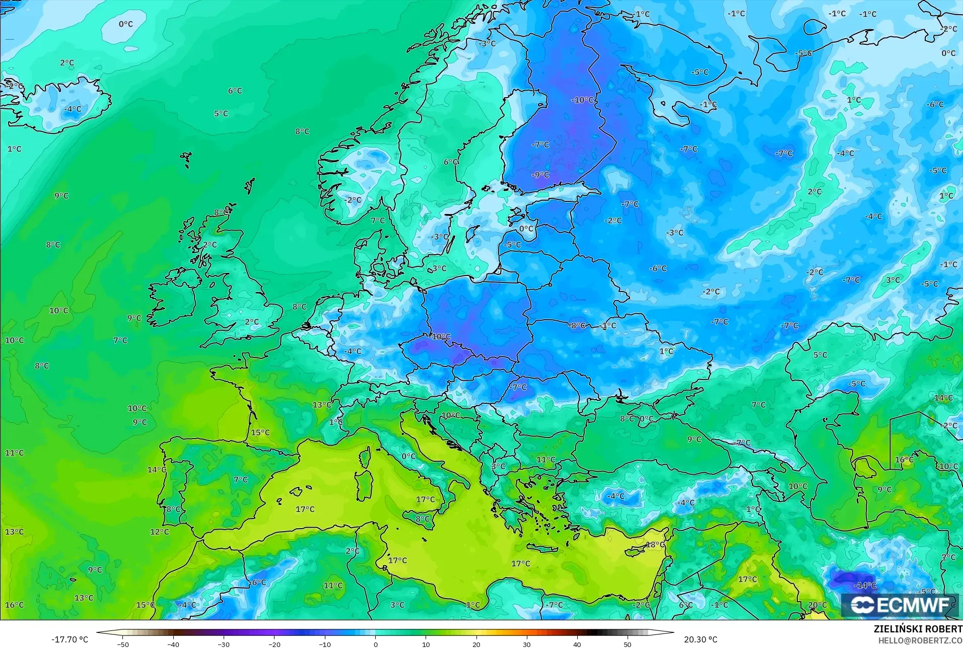 ECMWF IFS 0,25° modelo - Europa, Ponto de orvalho a 2 m