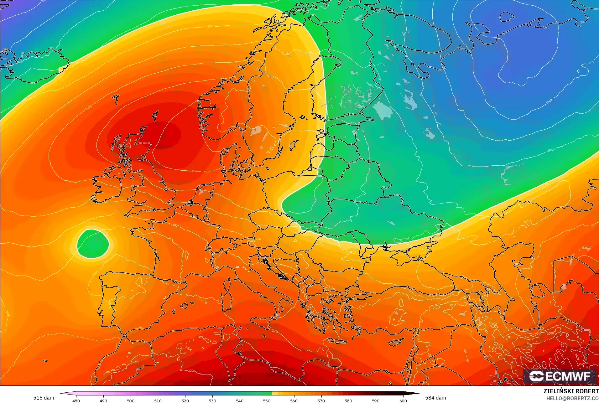ECMWF IFS 0,25° modelo - Europa, Altura geopotencial a 500 hPa