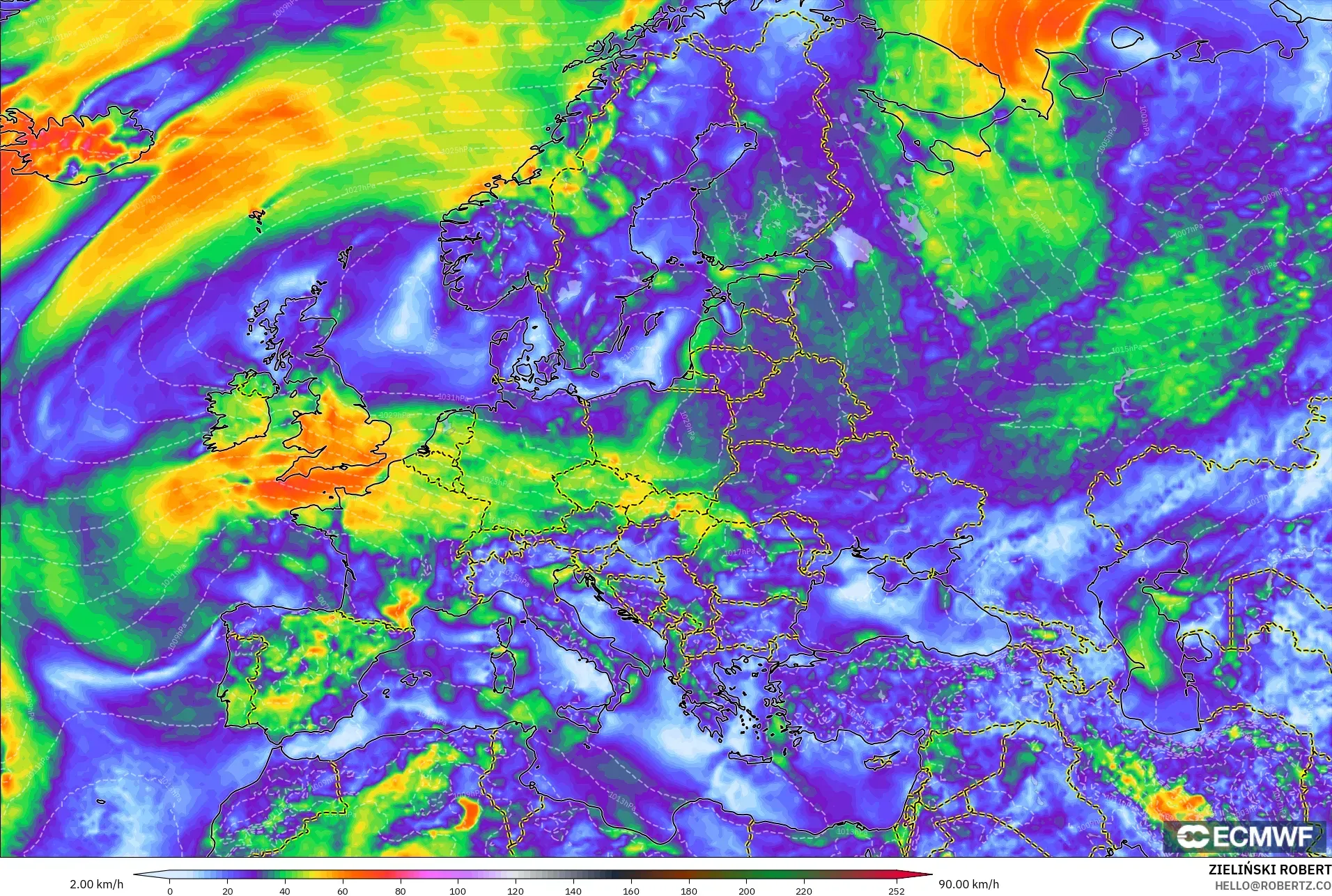 ECMWF IFS 0,25° modelo - Europa, Rajadas de vento