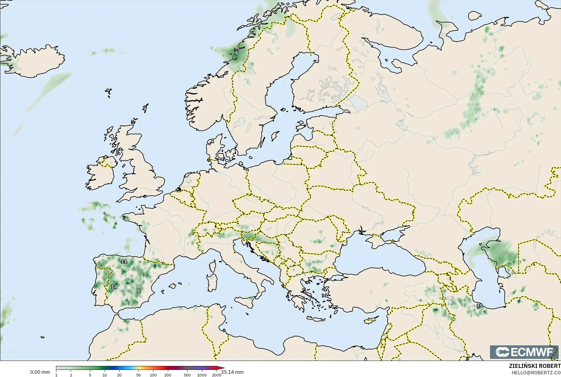 ECMWF IFS 0,25° modelo - Europa, Acúmulo de precipitação