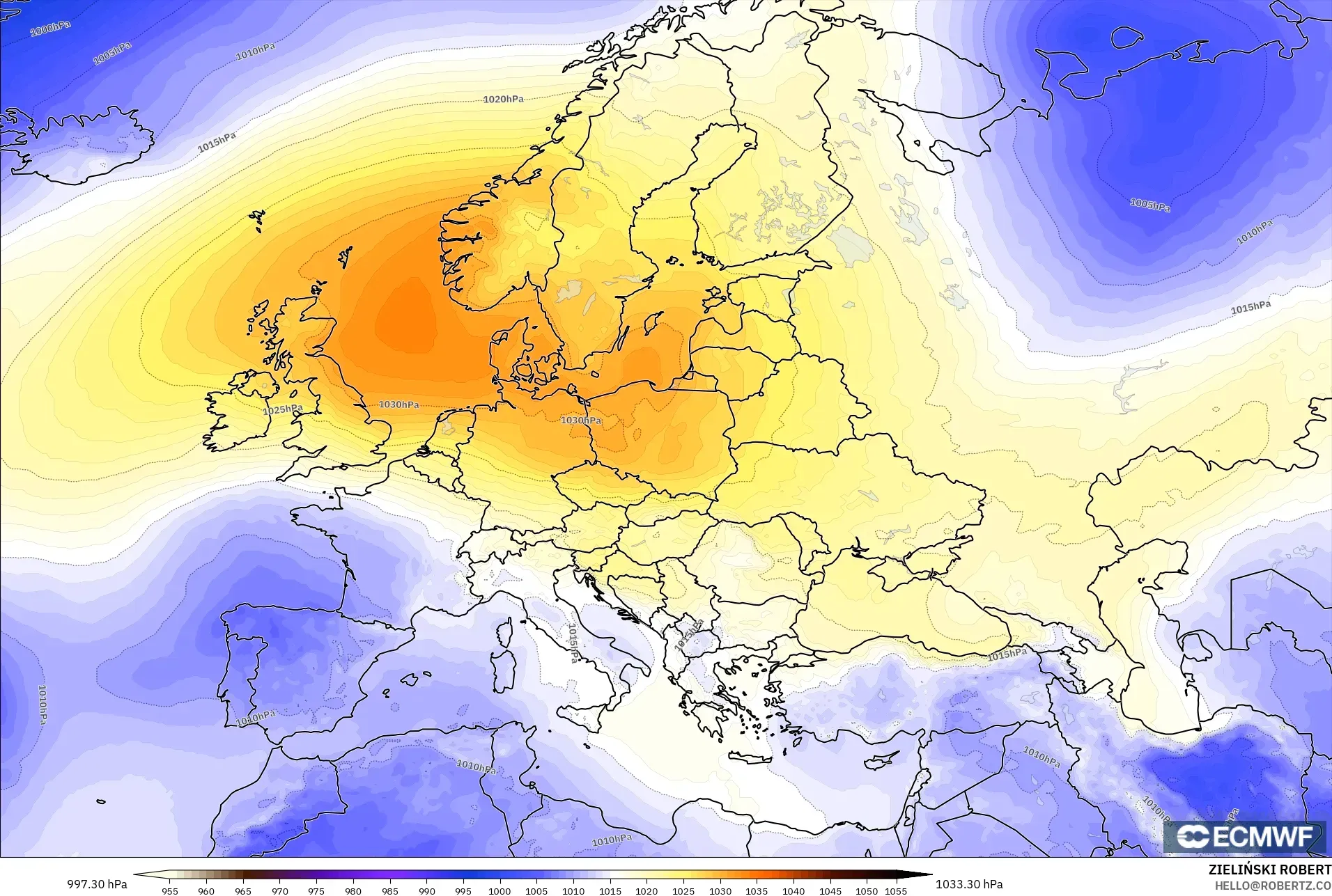 ECMWF IFS 0,25° modelo - Europa, Pressão