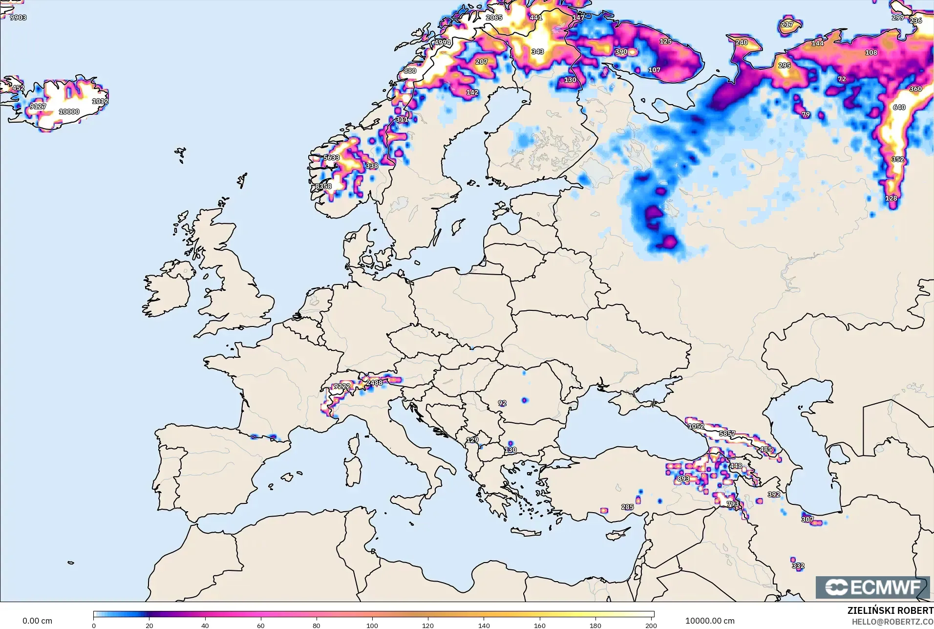 ECMWF IFS 0,25° modelo - Europa, Profundidade da neve