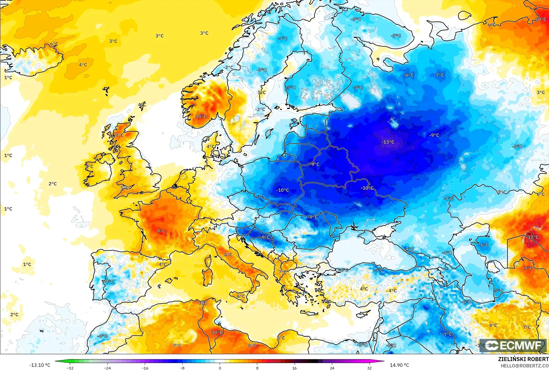 ECMWF IFS 0,25° modelo - Europa, Anomalia de temperatura a 2 m