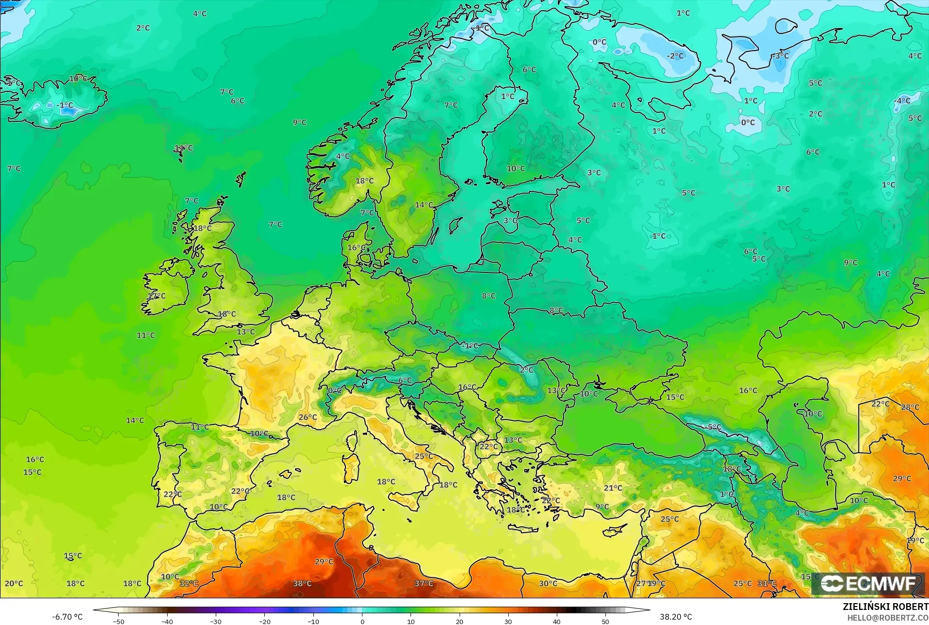 ECMWF IFS 0,25° modelo - Europa, Temperatura a 2 m