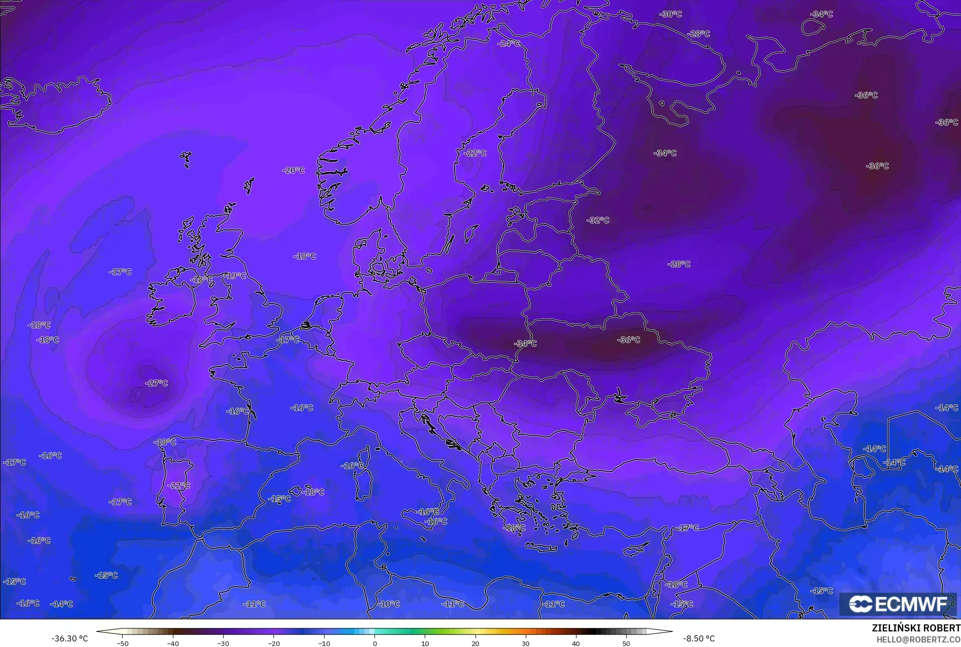 ECMWF IFS 0,25° modelo - Europa, Temperatura a 500 hPa