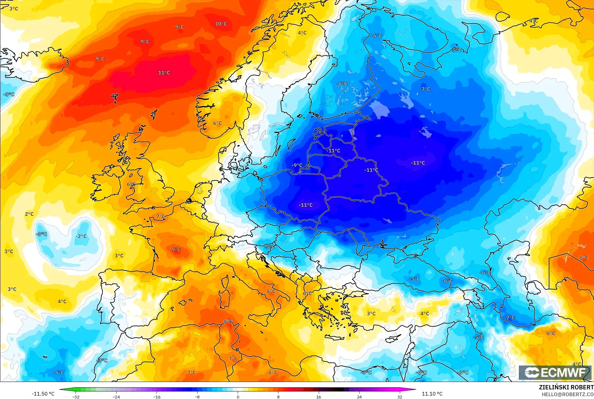 ECMWF IFS 0,25° modelo - Europa, Anomalia de temperatura a 850 hPa