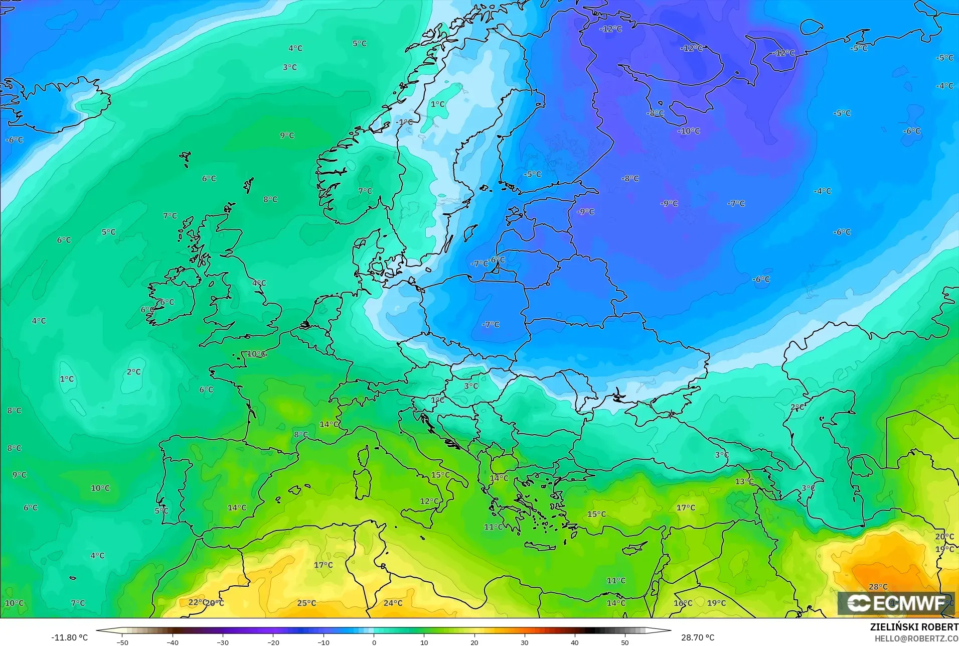 ECMWF IFS 0,25° modelo - Europa, Temperatura a 850 hPa