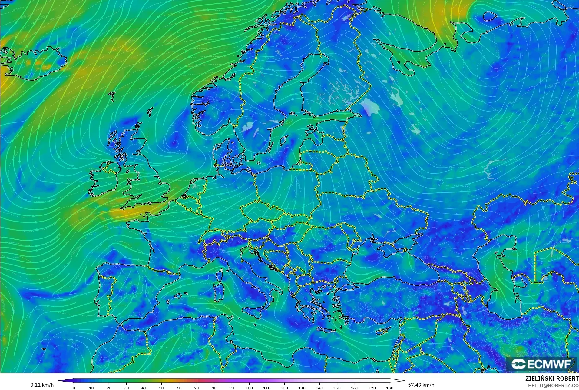 ECMWF IFS 0,25° modelo - Europa, Vento a 10 m