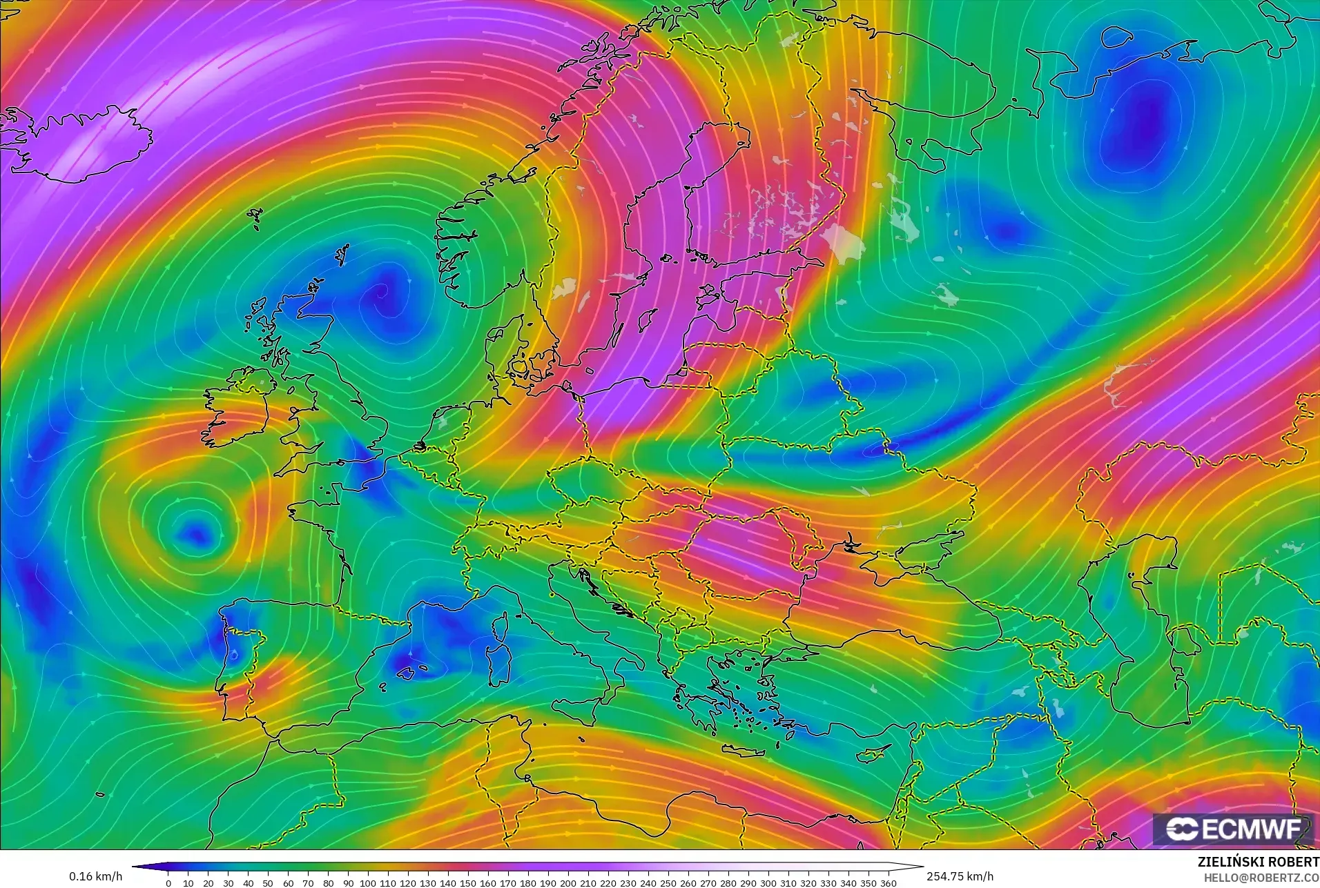 ECMWF IFS 0,25° modelo - Europa, Vento a 300 hPa (corrente em jato)