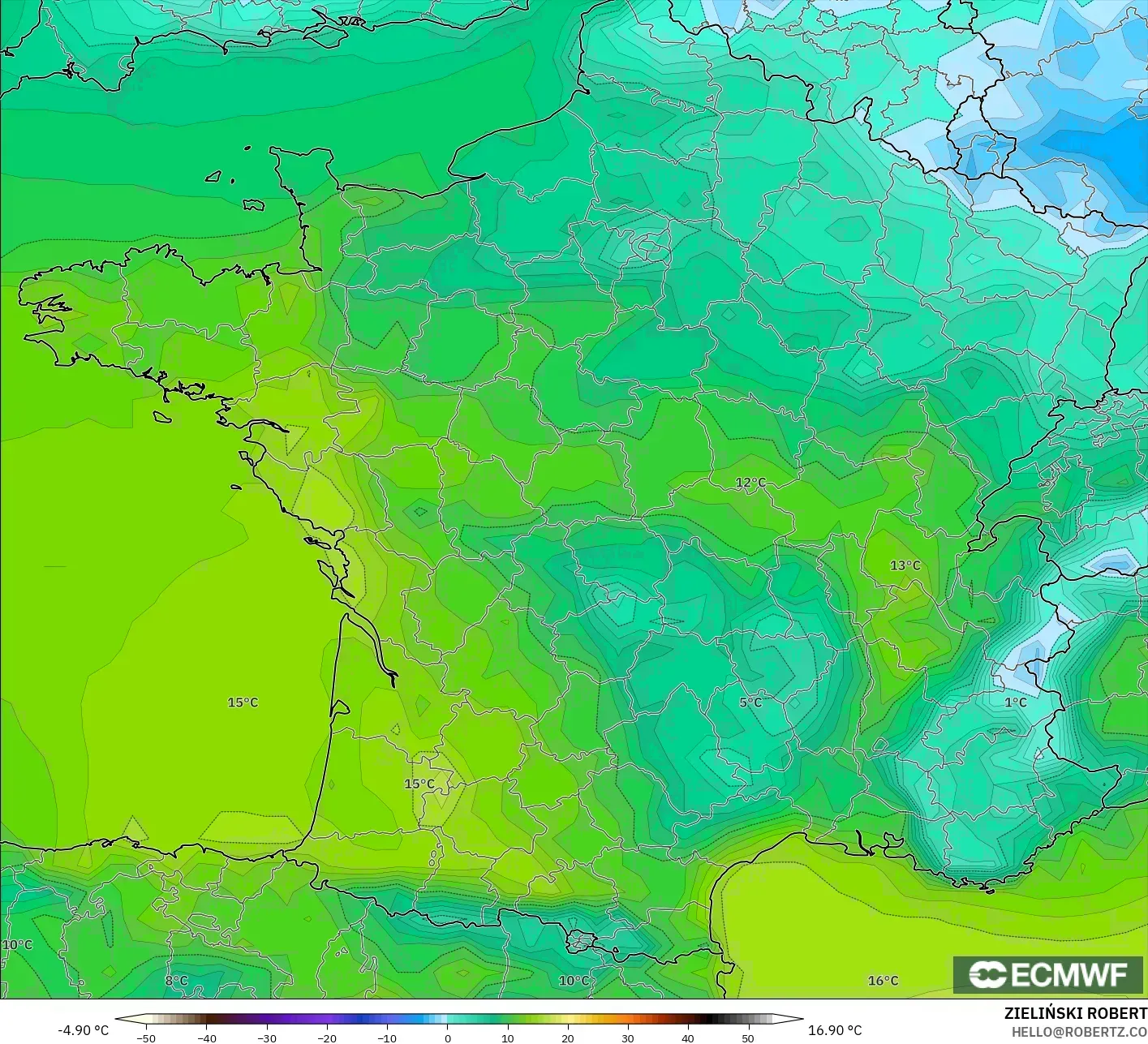 ECMWF IFS 0,25° modelo - França, Ponto de orvalho a 2 m