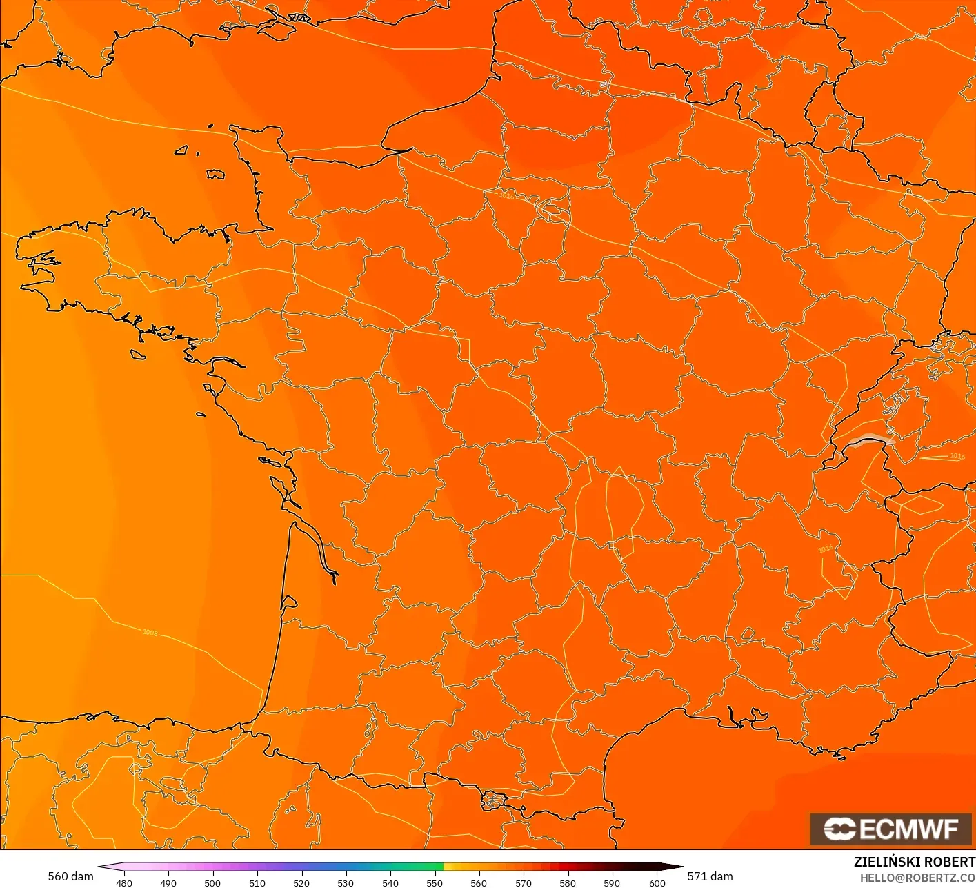 ECMWF IFS 0,25° modelo - França, Altura geopotencial a 500 hPa