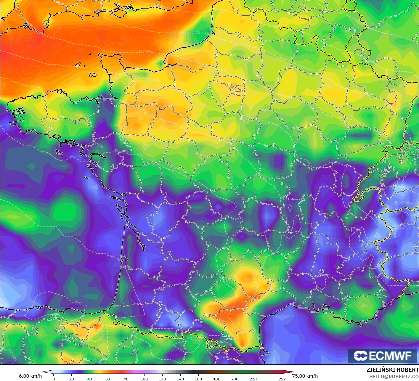 ECMWF IFS 0,25° modelo - França, Rajadas de vento