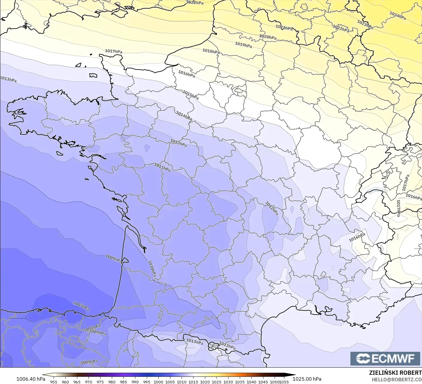 ECMWF IFS 0,25° modelo - França, Pressão