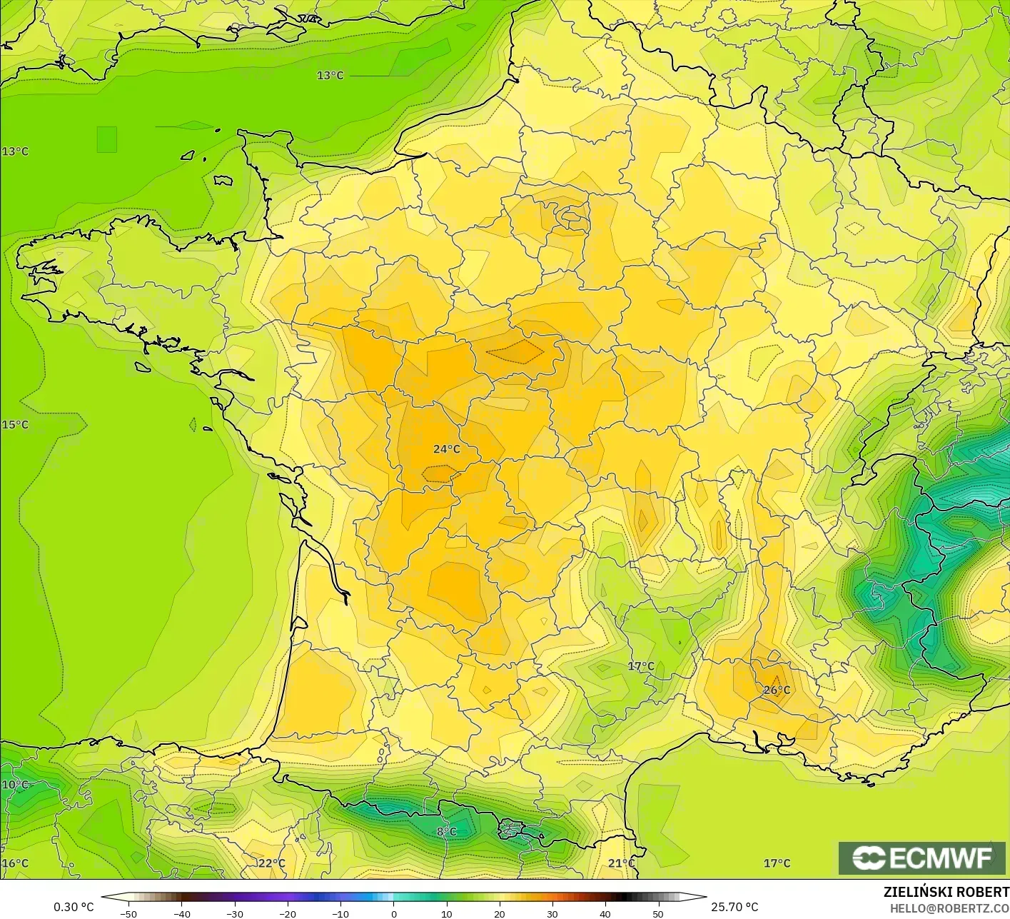 ECMWF IFS 0,25° modelo - França, Temperatura a 2 m