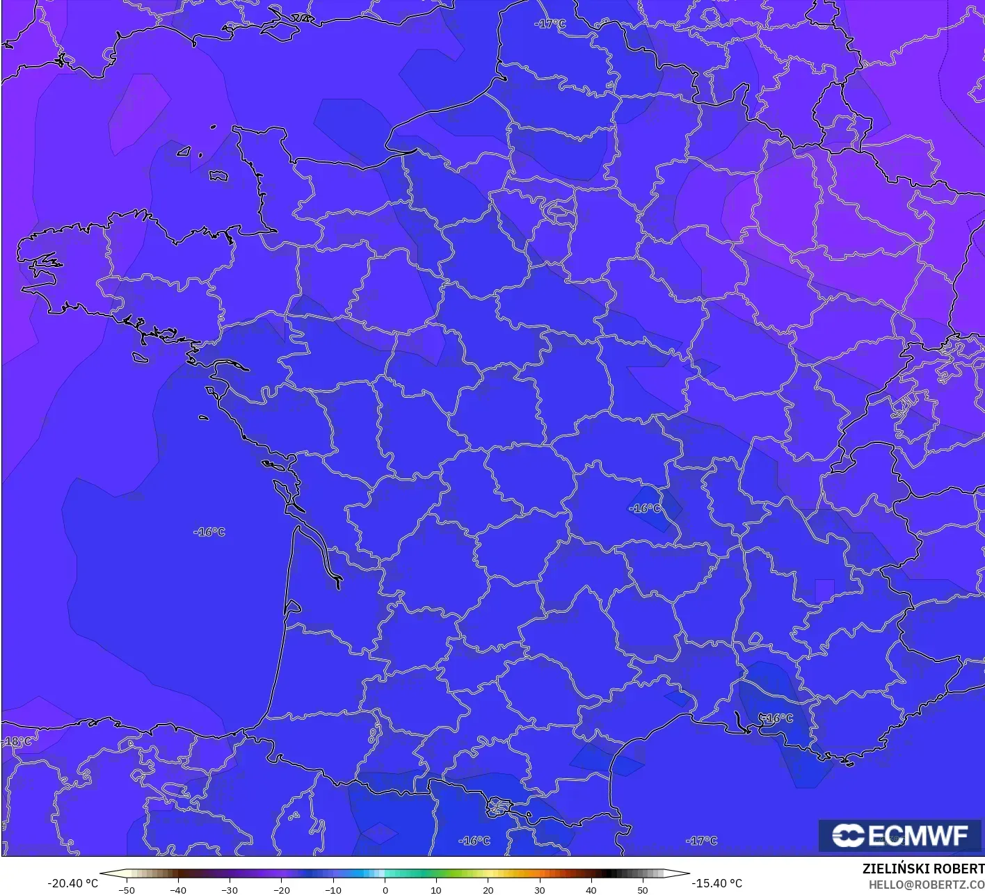 ECMWF IFS 0,25° modelo - França, Temperatura a 500 hPa