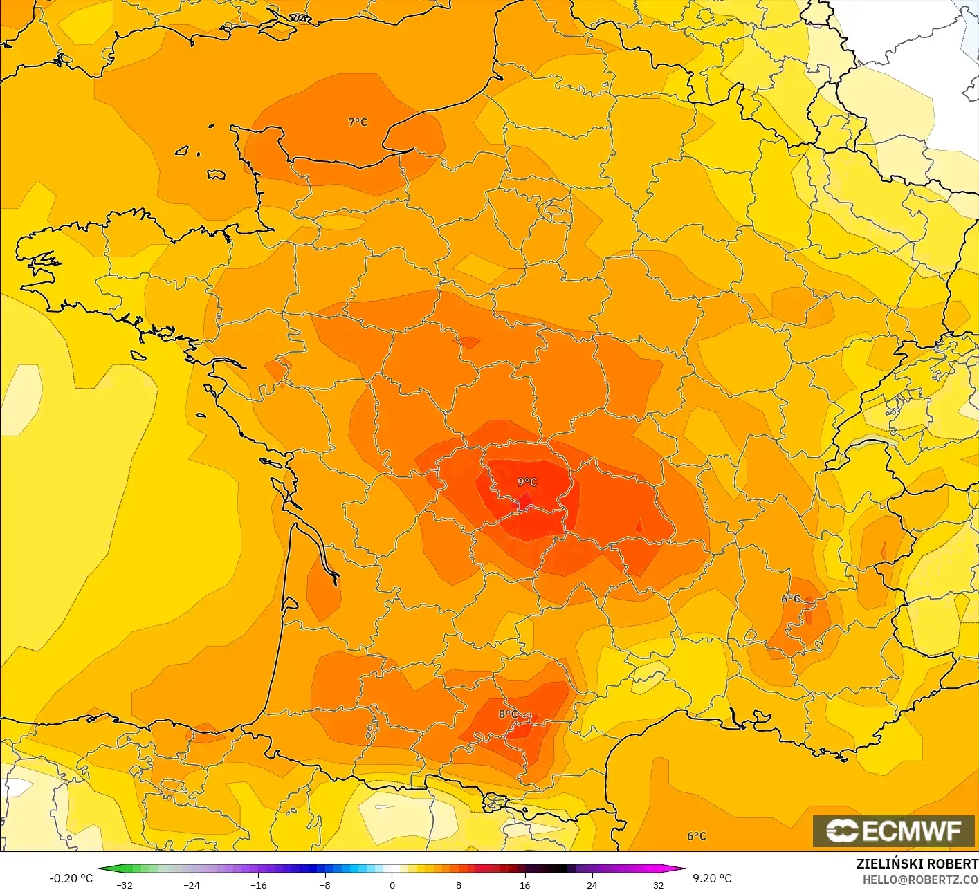 ECMWF IFS 0,25° modelo - França, Anomalia de temperatura a 850 hPa