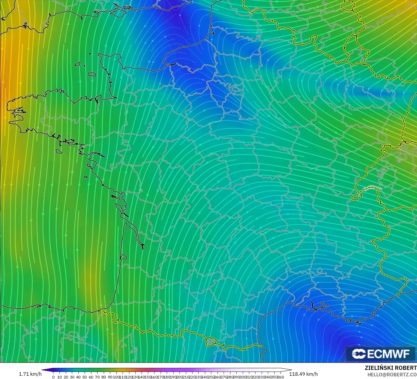 ECMWF IFS 0,25° modelo - França, Vento a 300 hPa (corrente em jato)