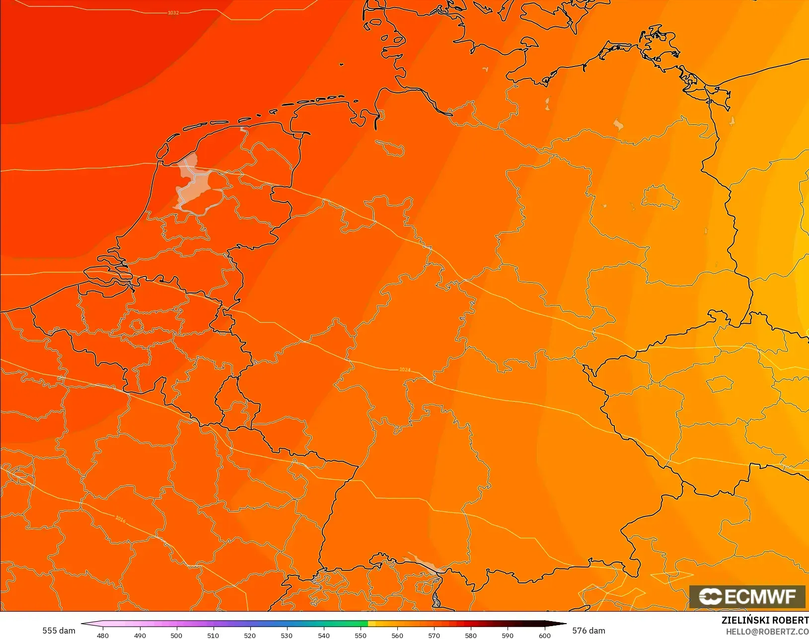 ECMWF IFS 0,25° modelo - Alemanha, Altura geopotencial a 500 hPa