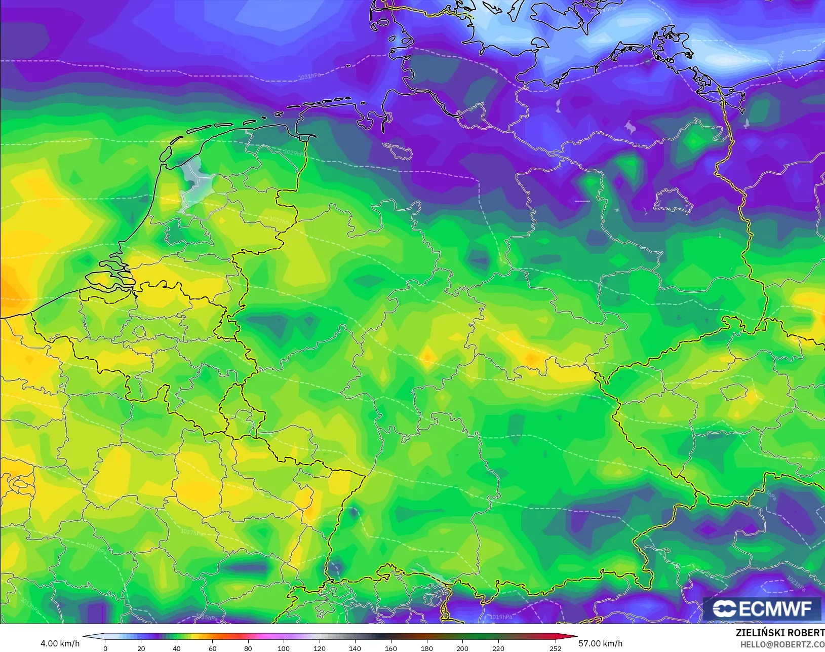 ECMWF IFS 0,25° modelo - Alemanha, Rajadas de Vento Máximas