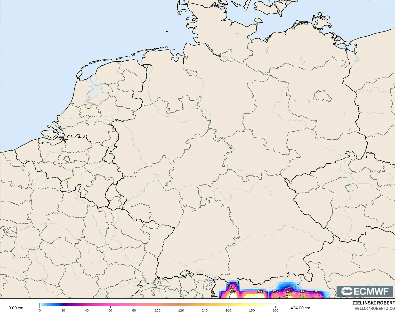 ECMWF IFS 0,25° modelo - Alemanha, Profundidade da neve