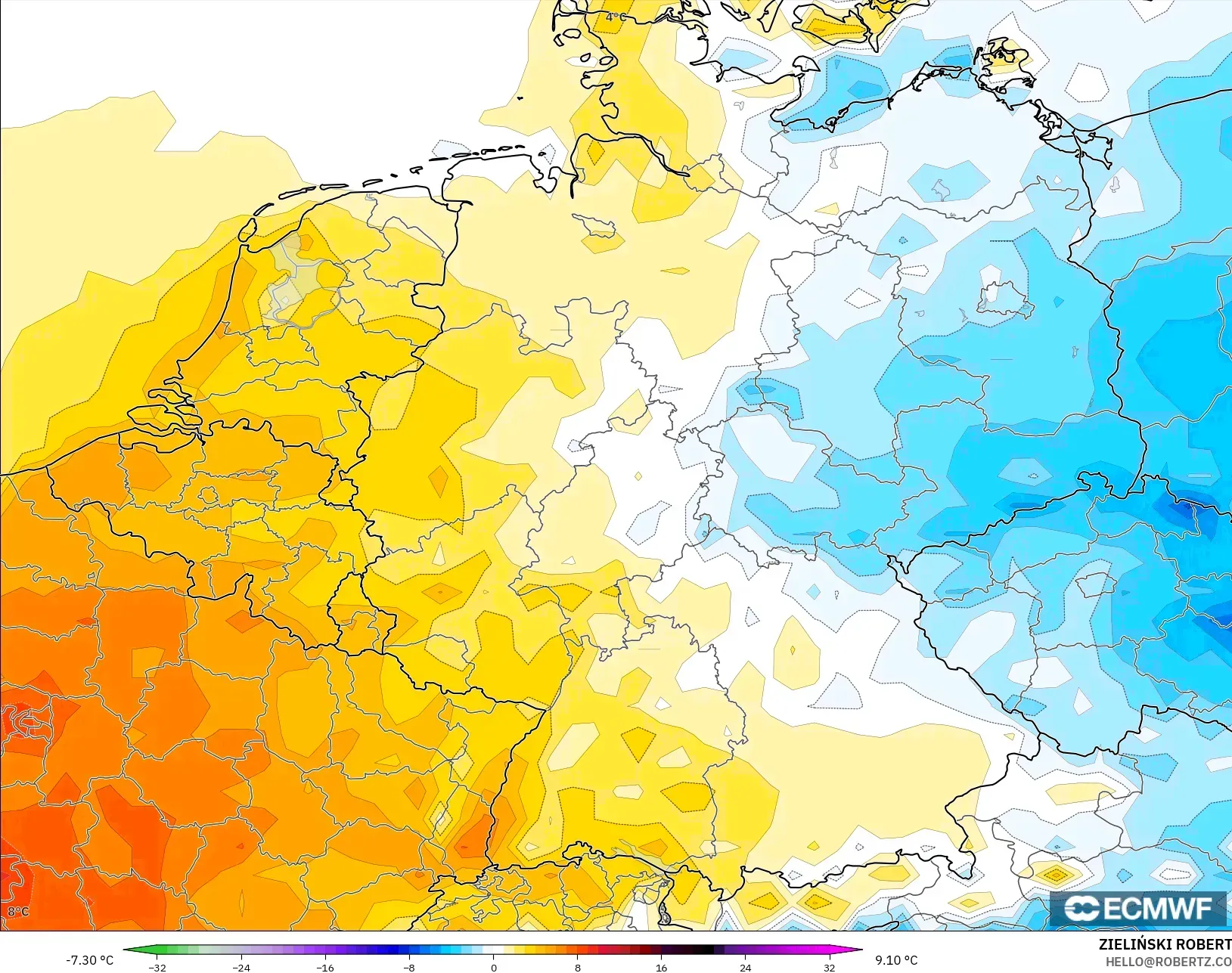 ECMWF IFS 0,25° modelo - Alemanha, Anomalia de temperatura a 2 m