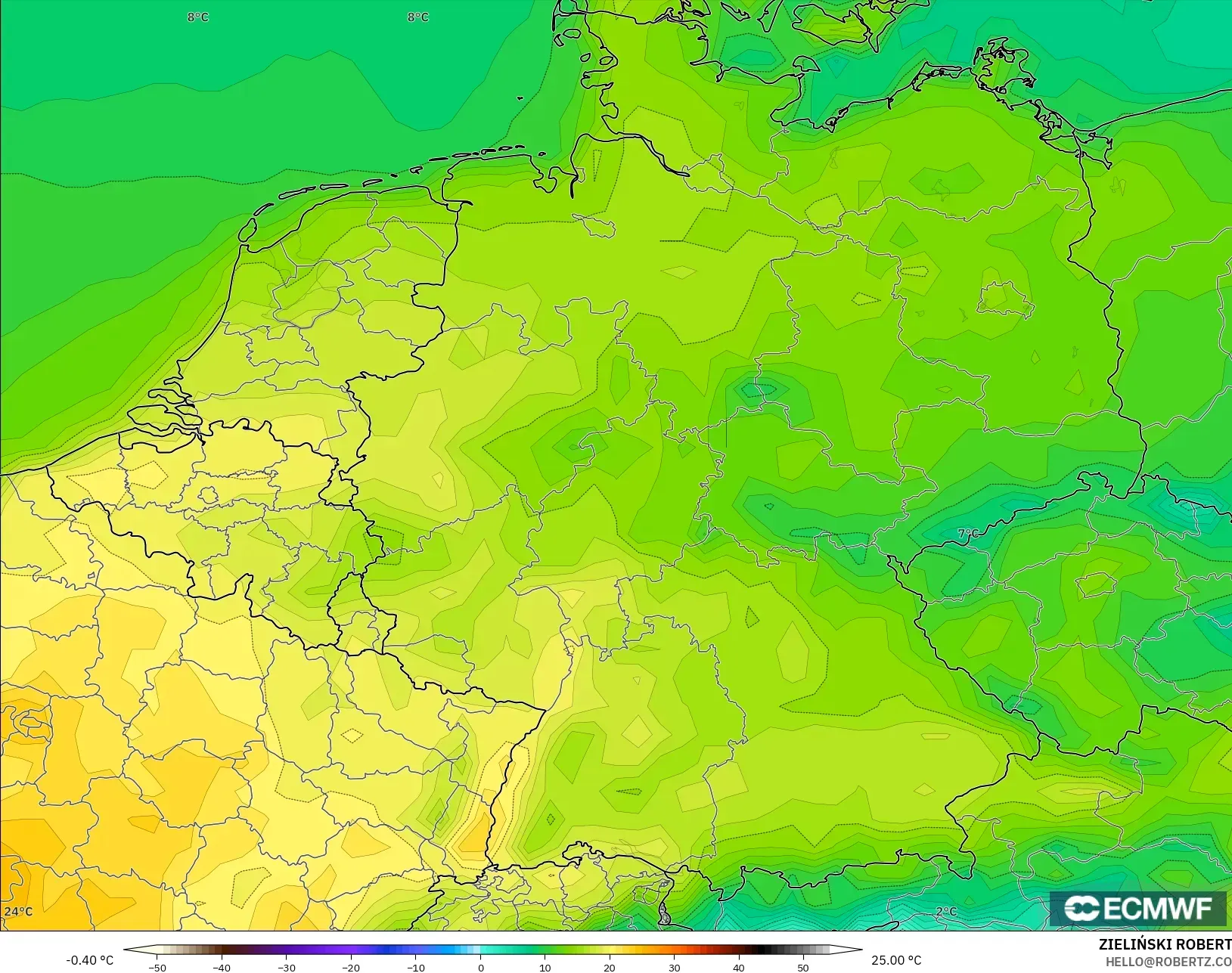 ECMWF IFS 0,25° modelo - Alemanha, Temperatura a 2 m