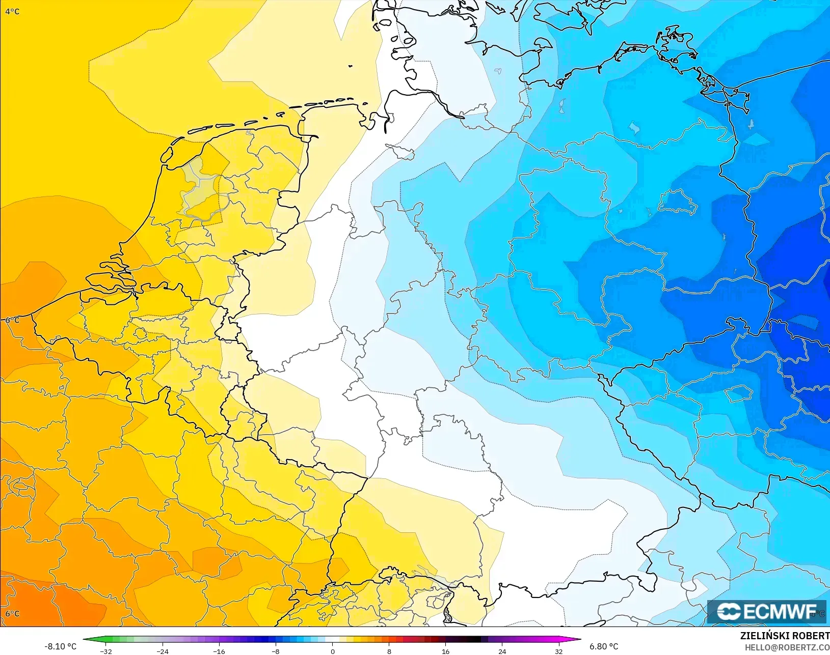 ECMWF IFS 0,25° modelo - Alemanha, Anomalia de temperatura a 850 hPa