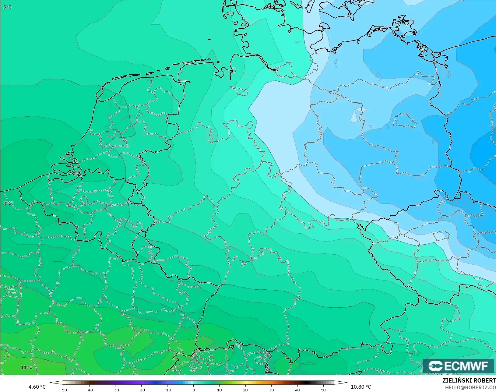 ECMWF IFS 0,25° modelo - Alemanha, Temperatura a 850 hPa