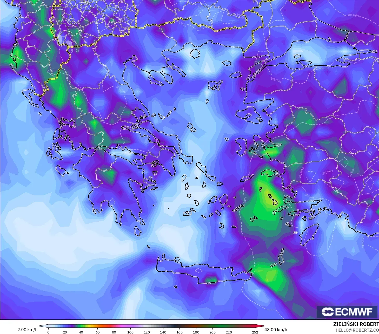 ECMWF IFS 0,25° modelo - Grécia, Rajadas de Vento Máximas