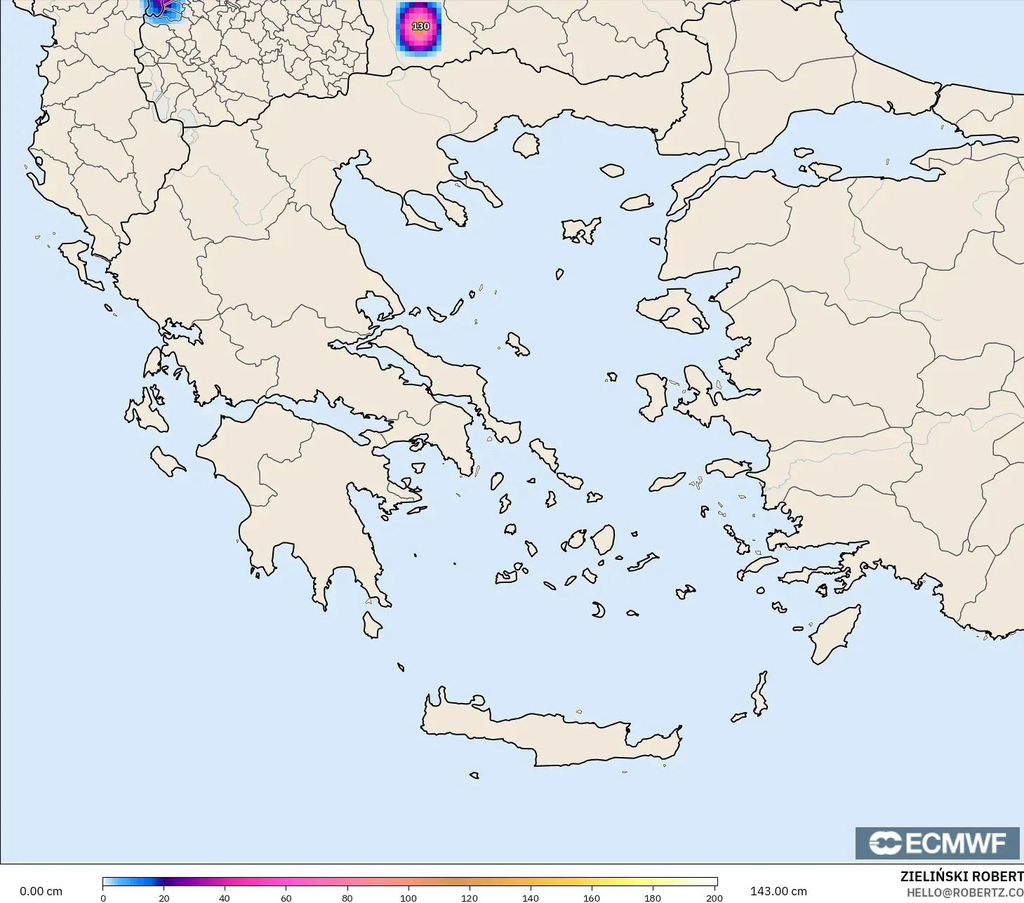 ECMWF IFS 0,25° modelo - Grécia, Profundidade da neve