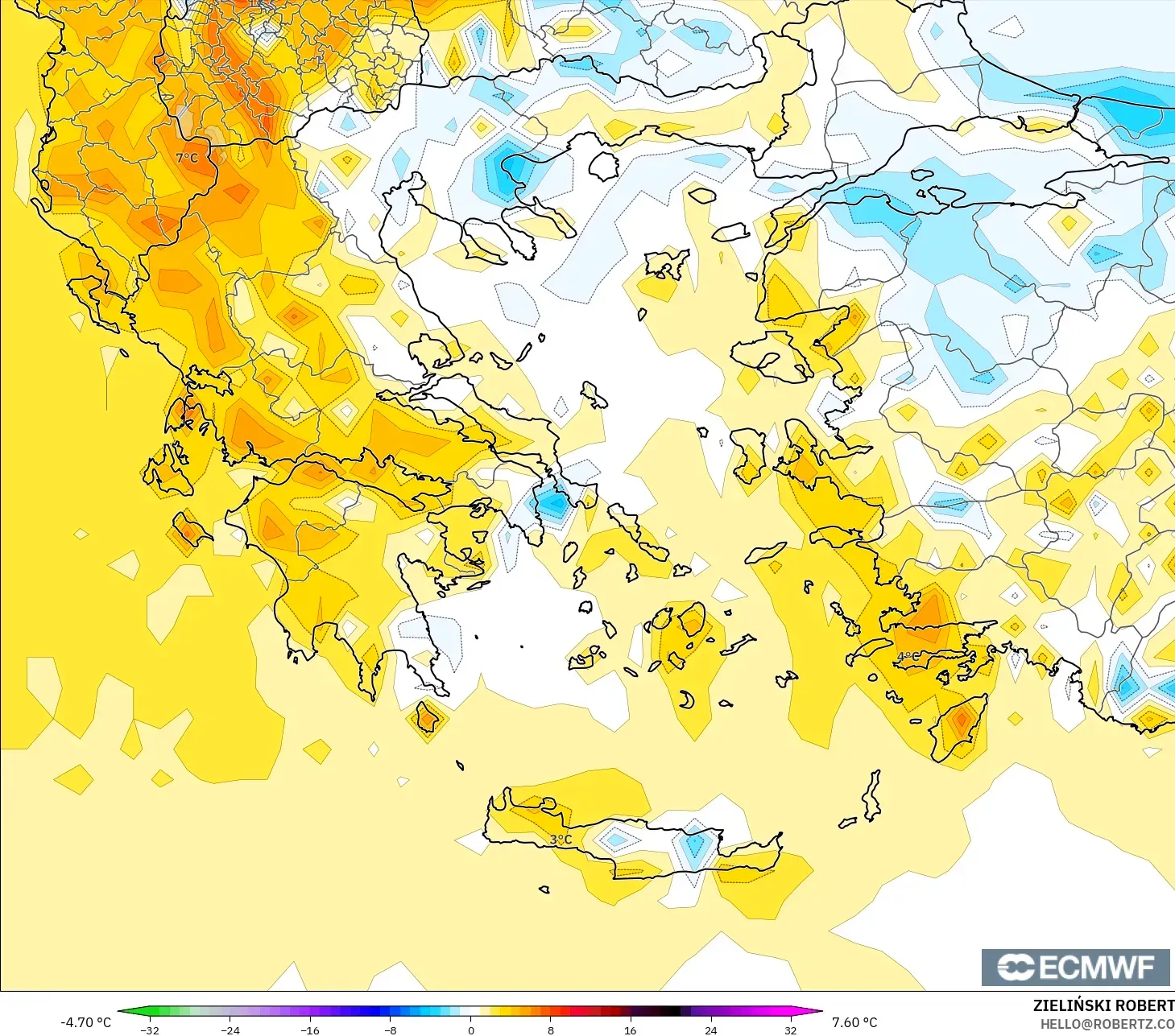 ECMWF IFS 0,25° modelo - Grécia, Anomalia de temperatura a 2 m