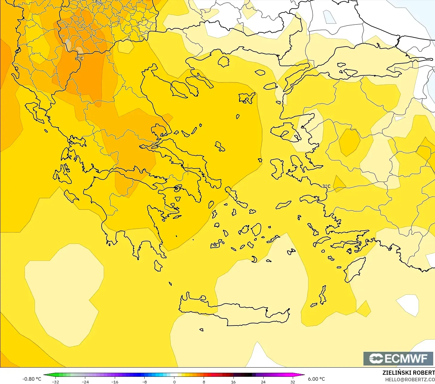 ECMWF IFS 0,25° modelo - Grécia, Anomalia de temperatura a 850 hPa