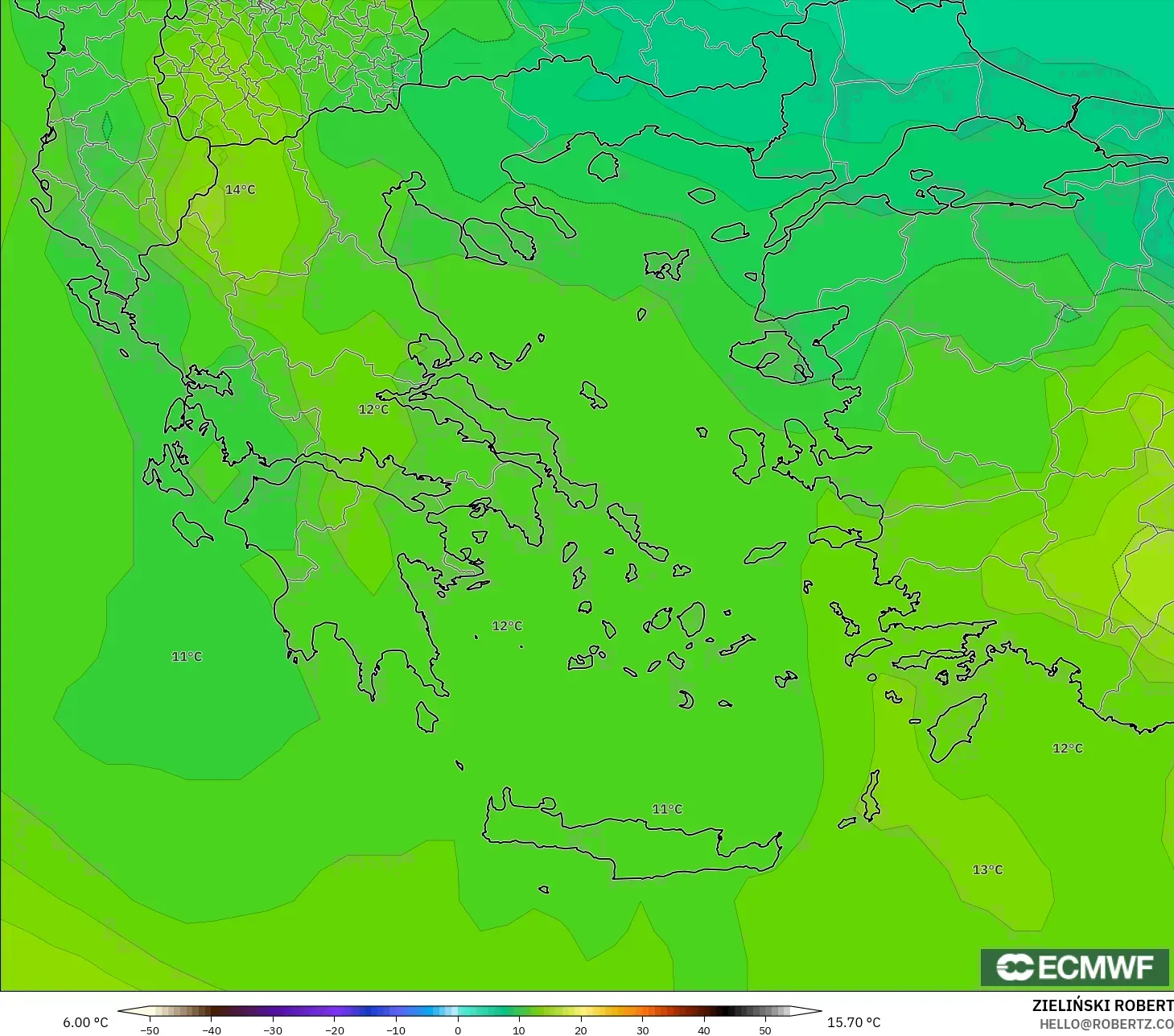 ECMWF IFS 0,25° modelo - Grécia, Temperatura a 850 hPa