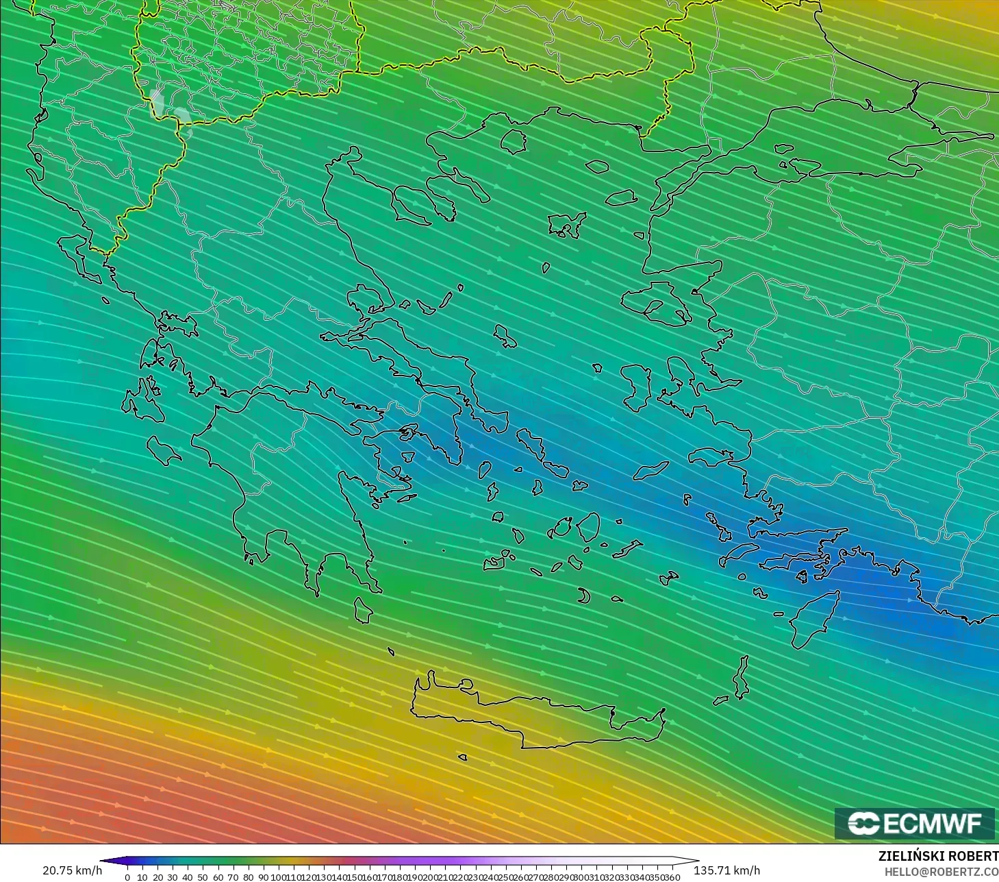 ECMWF IFS 0,25° modelo - Grécia, Vento a 300 hPa (corrente em jato)